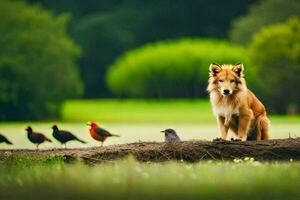 un perro y aves en un campo. generado por ai foto