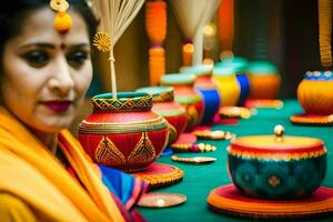 a woman in a colorful sari standing next to colorful pots. AI-Generated photo