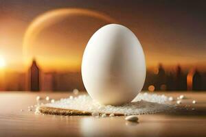 an egg sitting on top of sugar. AI-Generated photo