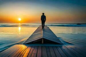 man standing on a wooden pier at sunset. AI-Generated photo