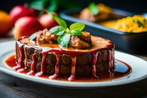 a dessert with meat and sauce on a plate. AI-Generated photo