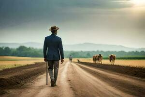 a man in a suit walks down a dirt road with cows. AI-Generated photo