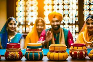 indian family with colorful pots and diyas. AI-Generated photo