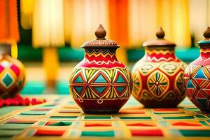 colorful vases on a table with colorful decorations. AI-Generated photo