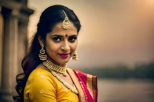 a beautiful indian woman in a yellow sari. AI-Generated photo