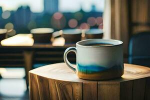 coffee mug on wooden table with city view. AI-Generated photo