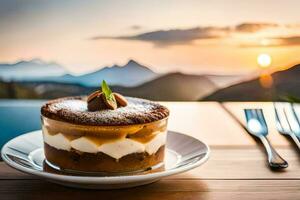 a dessert on a plate with a view of the mountains. AI-Generated photo