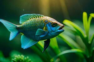 a fish swimming in the water with green plants. AI-Generated photo