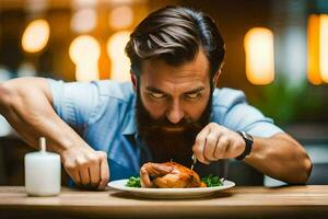 a man with a beard eating a chicken on a plate. AI-Generated photo