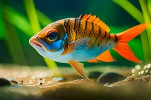 un naranja y blanco pescado es nadando en el agua. generado por ai foto