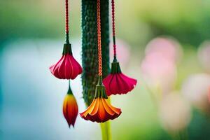 three colorful flowers hanging from a string. AI-Generated photo