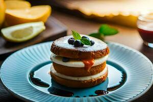 a stack of pancakes on a blue plate. AI-Generated photo