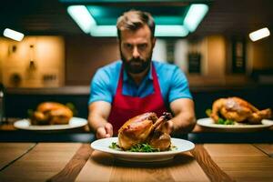 a man in an apron is holding a turkey on a plate. AI-Generated photo
