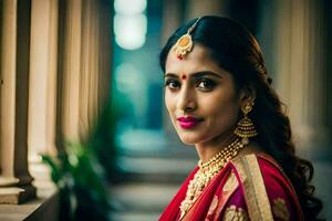 a beautiful indian bride in red and gold. AI-Generated photo