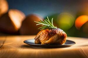 un pollo pierna en un plato con Romero. generado por ai foto