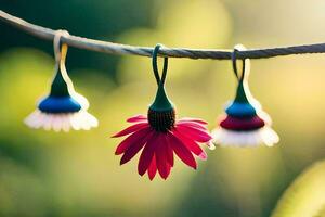 three flowers hanging from a wire. AI-Generated photo