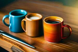 three colorful coffee mugs on a wooden table. AI-Generated photo