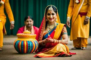 un novia en tradicional indio atuendo se sienta en el suelo con un maceta. generado por ai foto