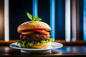 a hamburger with tomato, lettuce and cheese on a plate. AI-Generated photo