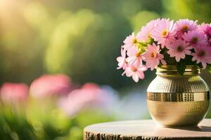 pink flowers in a vase on a wooden table. AI-Generated photo