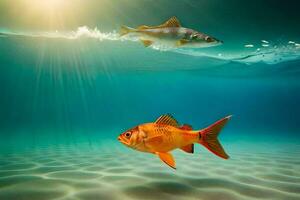 dos pescado nadando en el Oceano con luz de sol brillante en a ellos. generado por ai foto