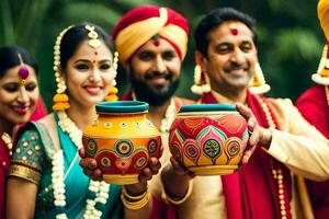 a group of people in indian attire holding pots. AI-Generated photo
