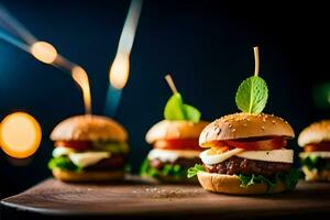 small burgers on a wooden board with lights. AI-Generated photo