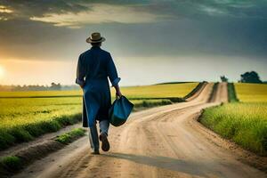 un hombre en un azul traje y sombrero caminando abajo un suciedad la carretera. generado por ai foto