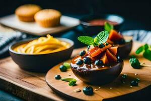 two small bowls of food on a wooden cutting board. AI-Generated photo