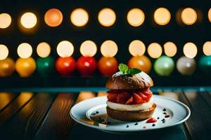 a sandwich on a plate with candles in the background. AI-Generated photo