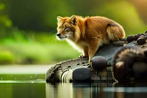 a lion sitting on top of a rock in the water. AI-Generated photo