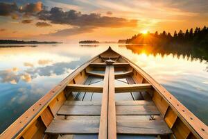 a canoe is floating on the water at sunset. AI-Generated photo