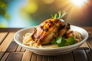 chicken with noodles and herbs on a wooden table. AI-Generated photo
