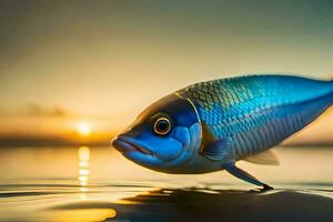 un pescado es en pie en el agua a puesta de sol. generado por ai foto