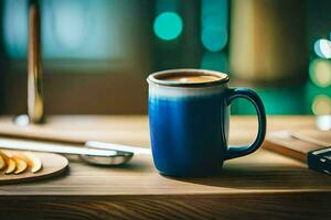 a blue mug of coffee on a wooden table. AI-Generated photo