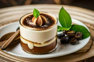 a dessert with chocolate and coffee on a plate. AI-Generated photo