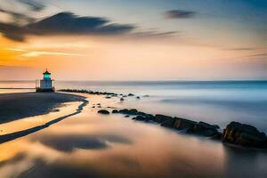 a lighthouse stands on the shore of the ocean at sunset. AI-Generated photo