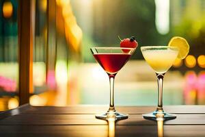 two cocktails on a table with a pool in the background. AI-Generated photo