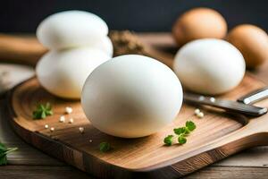 eggs on a cutting board with herbs. AI-Generated photo