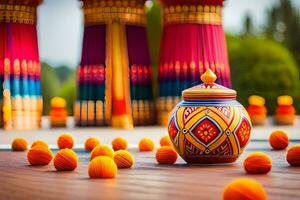 a colorful pot with orange balls on the ground. AI-Generated photo