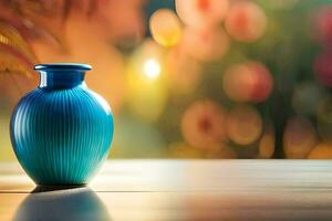 a blue vase sitting on a table in front of a blurred background. AI-Generated photo