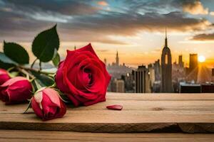 rosas en un de madera mesa con el ciudad en el antecedentes. generado por ai foto