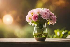 pink flowers in a vase on a table. AI-Generated photo