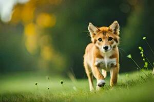 a small brown dog running through a field. AI-Generated photo