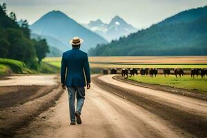 a man in a suit walks down a dirt road with cows in the background. AI-Generated photo