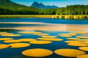 yellow water lily pads in a lake with mountains in the background. AI-Generated photo