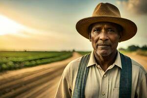 an african american man in a hat standing in a dirt road. AI-Generated photo