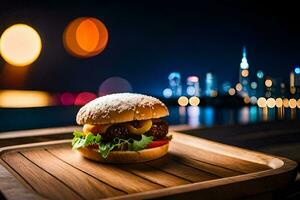 un hamburguesa en un de madera bandeja con un ciudad horizonte en el antecedentes. generado por ai foto