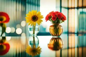 two vases with flowers on a table in front of a window. AI-Generated photo