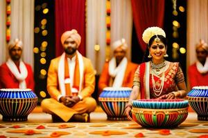 a bride and groom in traditional indian attire. AI-Generated photo